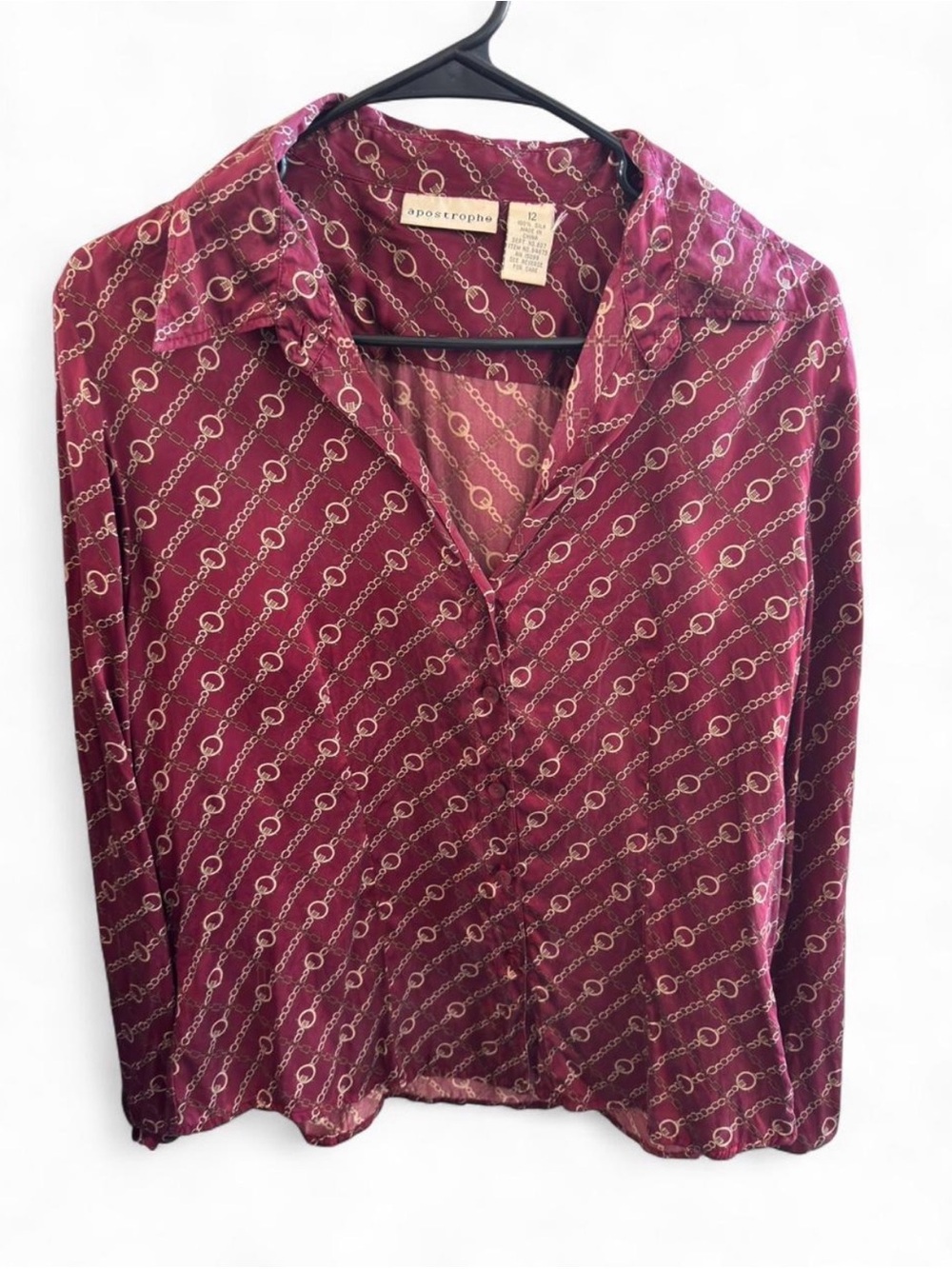 Apostrophe Burgundy Chain-Pattern Button-Down Blouse
